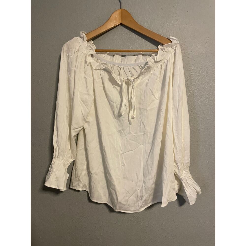 Womens Top Size Large White Viscose Blend Ruffle Peasant Milkmaid Cottagecore